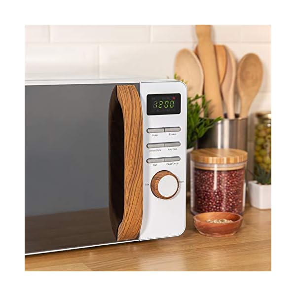 Russell-Hobbs-RHMD714-17-L-700-W-Scandi-White-Digital-Microwave-with-5-Power-Levels-Wood-Effect-Handle-Dials-Clock-Timer-Automatic-Defrost-Easy-Clean-8-Auto-Cook-Menus Russell Hobbs RHMD714 17 L 700 W Scandi White Digital Microwave with 5 Power Levels, Wood Effect Handle & Dials, Clock…