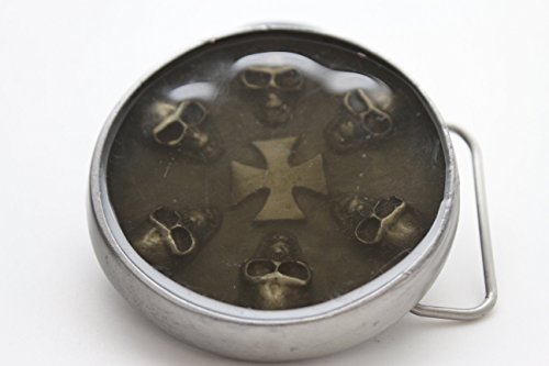 TFJ Men 3D Fashion Belt Buckle Silver Heavy Metal Skull Skeleton Iron Cross Gray