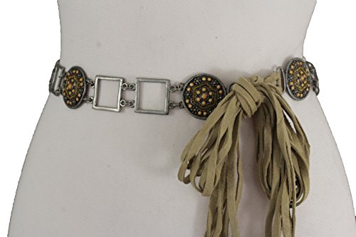 TFJ Women Fashion Antique Silver Metal Charms Belt Hip Waist Beige Tie Plus M L XL