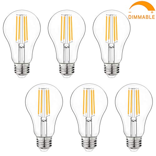 Dimmable LED Light Bulbs, 100W Equivalent Filament Edison Bulbs, A21 Vintage LED Blubs Warm White, Medium Screw Base (E26), 1100 Lumens, 6-Pack (2700K)