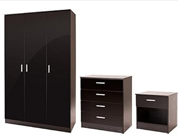 High Gloss 3 Piece Bedroom Furniture Set With 3 Door Wardrobe