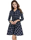 Zeagoo Women Lapel 3/4 Sleeve Plaid Belted Casual Swing Shirt Dress