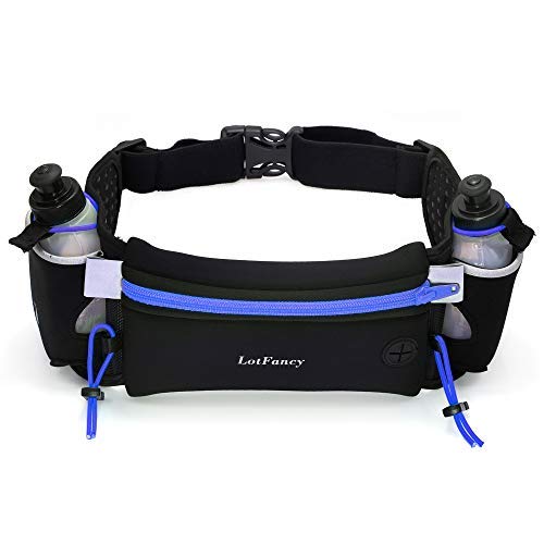 LotFancy Running Hydration Belt Free 2 Water Bottle (BPA Free), Waist Belt Unisex Comfortable and Breathable, Best Partner for Marathon, Jogging, Cycling, Climbing, Camping and More Blue