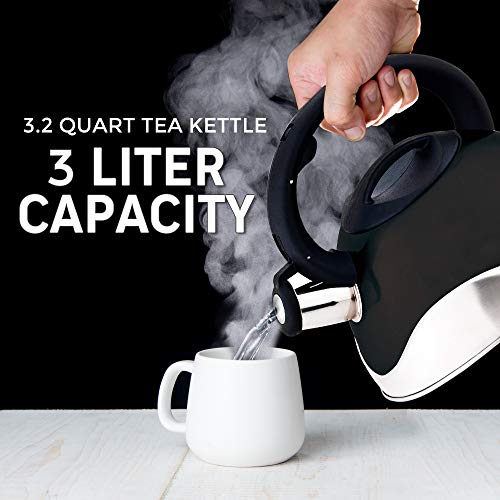 Whistling Stainless Steel Tea Kettle With Soft Grip Ergonomic Handle by American Dream- Stovetop Pot 3.2 QT-Black - Thumbnail 4