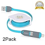 Cablex 2Pack 3FT Retractable Charge and Sync 2-in-1 Cable with Lightning & Micro USB Connectors for iPhone, iPad, iPod Touch/Nano, Android, Samsung/HTC/blackberry/ Motorola/Sony & more (Blue)