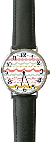 SINGDADFF Women's Abstract Pink and Yellow Bunting Flag Casual Watch Fashion Leather Analog Wrist Watches