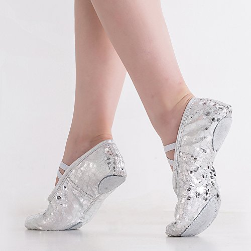 Women's Bright PU Leather Ballet Belly Slippers Ballroom Dance Shoes with Suede Split-Sole(8, Silver/dot)