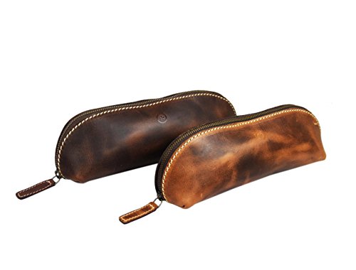 image for Vintage Leather Zippered Pen/Pencil Case | Classic Cylindrical Design 