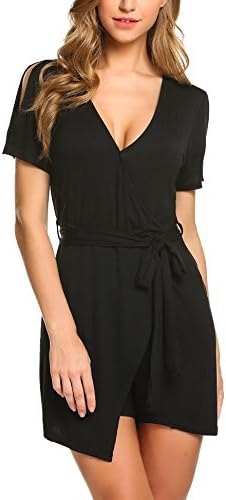 Gumod Women's Sexy Wrap Deep V Neck Cold Shoulder Short Sleeve Wide Leg Jumpsuit with Belt