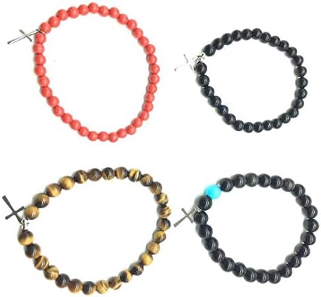 XINWOO Agate Beads Bracelet Tiger Eye Stone Bracelet Moonlight Stone Bracelet Natural Gemstone Round Beads Stretch Bracelets Set Yoga Reiki Chakra Balancing with One Cross