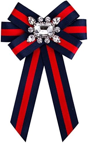 Fashion Women Pre-Tied Neck Tie Rhinestone Crystal Brooches Pin Clip Ribbon Wedding Party ByCajoy (Red+Blue2)