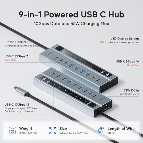 PULWTOP Hub USB C 3.2 ativo com fonte de alimentação, hub USB 3.2 9 em 1 com dados de 3 * 10 Gbps, 4 * USB A 3.1 e 2 * carregamento PD de 45 W (não suporta vídeo e dados) Adaptador de 72 W