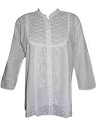 Womens Tunic Cotton White Lace Embroidered Kurti Blouse Boho India