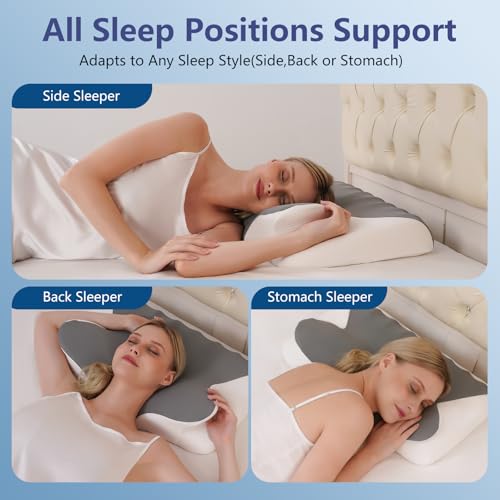 vicihoho Ergonomic Cervical Pillow, Neck and Shoulder Pillow, Suitable for Different Sleeping Postures, Size: 60 x 41 x 9/12 cm (Light Grey)