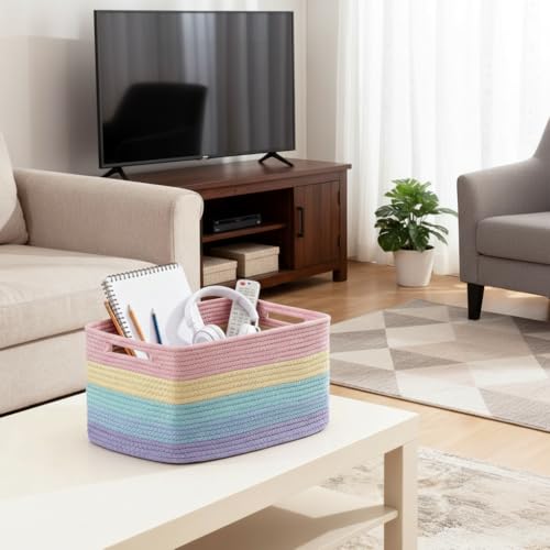 Beauenty Woven Storage Baskets,3 Pack Collapsible Rainbow Woven Storage Bins for Shelves,Soft Boho Organizer Baskets for Kids Room,Nursery,Playroom,Classroom