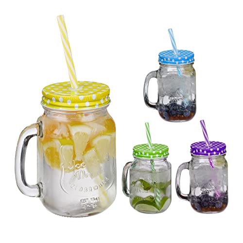 Relaxdays 4x Drinking Jars, 500ml each, Dishwasher Safe, Dotted Lids & Straws, 4 Colours, Vintage Glasses, Transparent