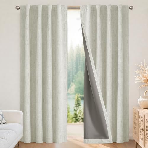 Joydeco 100% Black Out Curtains 63 inch Long 2 Panels Burg Natural Blackout Linen Drapes for Bedroom Living Room Darkening Curtain Thermal Insulated Back tab Rod Pocket(52x63 inch,Light Beige)
