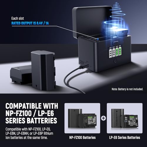 NEEWER 2 In 1 Four Channel USB Battery Charger for NP-FZ100 & LP-E6, 40W Fast Charging, Backup Power Supply Compatible with Sony A6700 A7III FX3 FX30 A7IV Canon EOS R5 Mark II 6D/II 5D/III 5D, NW-ZP4