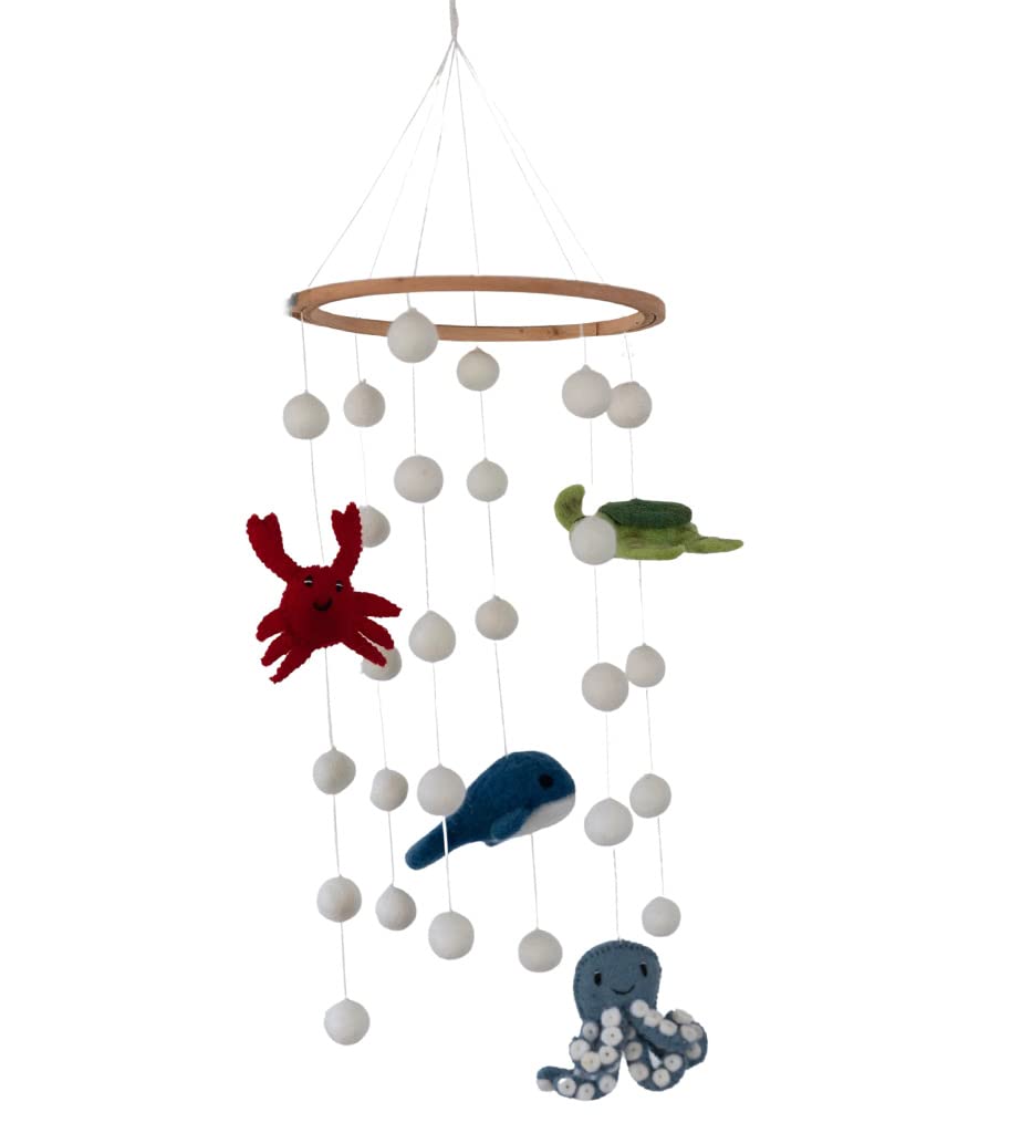 Baby Mobile Made of Felt, Handmade, Fair Trade, Sustainable Felt Decoration, Baby Room Decoration for Girls and Boys, Hanging Over Changing Table Baby Bed Playpen - Sea Animals