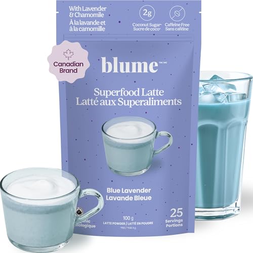 Blume Blue Lavender Superfood Latte Powder – Organic Lavender Tea Powder, Blue Spirulina, Blue Butterfly Pea Flower Tea, Chamomile, Coconut Milk - Caffeine Free, Vegan, 1g Sugar - 25 Servings
