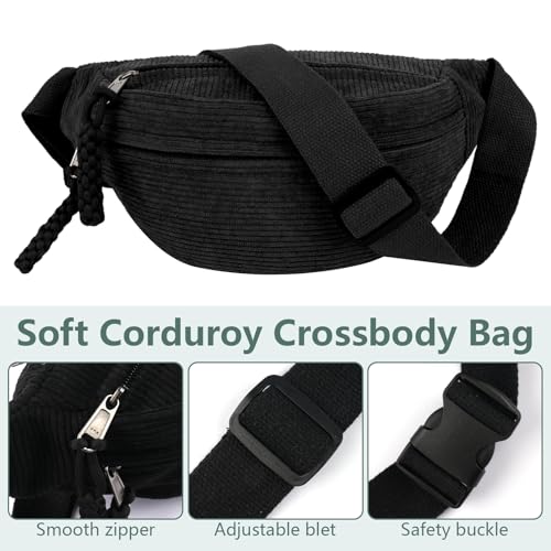 Maxmoc Bum Bag Corduroy Crossbody Bag Shoulder Bag for Men and Women | Black Fashionable Belt Bag with Shoulder Strap Adjustable for Outdoor Sports, Travel, School, Work