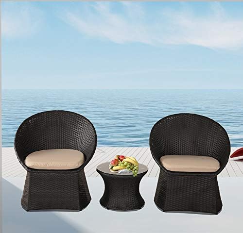 JETIME Rattan Outdoor 3pcs Bistro Set Indoor Garden Patio Wicker Furniture Chairs and Table Set Cushioned Seat with Khaki Cushion