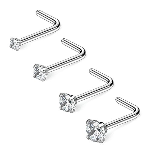 Ruifan 4PCS 22G 316L Surgical Steel 1.5mm 2mm 2.5mm 3mm Clear Round Diamond Cubic Zirconia Crystal Nose L Shaped Studs Rings Piercing Jewelry - Steel