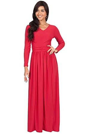 KOH KOH Womens Long Sleeve V-Neck Ruched Empire Waist Formal Evening Maxi Dress
