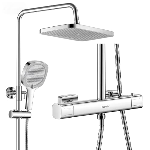 DelnVior Shower System with Thermostat Stainless Steel Square Rain Shower 3 Jet Types Complete Shower Set Adjustable Height with Anti-scald Protection Water Saving