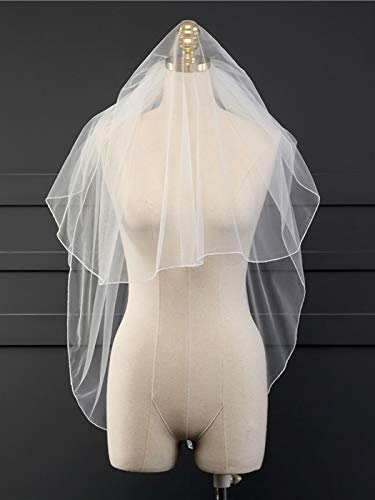 Barogirl 2 tier Wedding Veil Fingertip Length with Pencil Edge Soft Bridal Blusher Veil with Comb (Ivory without Applique)