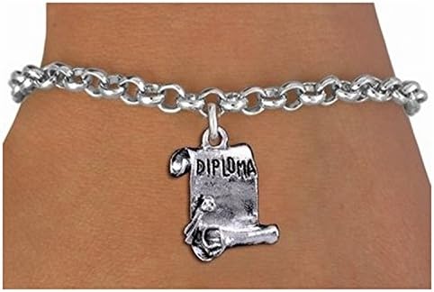 Detailed Silver tone Diploma Scroll Charm &amp; Bracelet - Lobster
