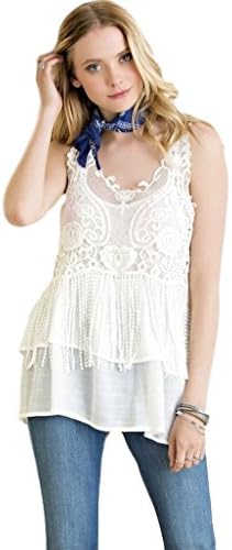 Entro Women's Lightweight Sleeveless Feminine V-Neck Tunic with Tiered Ruffles and Crochet Lace (Small, Off White)