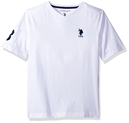 U.S. Polo Assn. Big Boys' Solid V-Neck T-Shirt With Large Embroidered Logo, White/Marina Blue, 14/16 U.S. Polo Assn. Big Boys' Solid V-Neck T-Shirt With Large Embroidered Logo, White/Marina Blue, 14/16