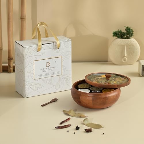 Brick Brown ® Wooden Enamel Coated Saga Masala Box for Kitchen | Spice Box | Spice Jars | Spice Rack & Masala Dani Organizer Storage Box with 7 Containers and 1 wooden spoon (8.5x4.2 inch)
