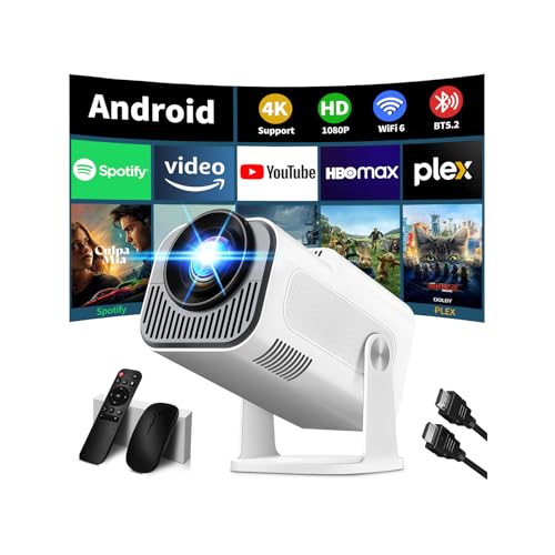 [Integrated App & 2026 Upgraded] 1080P 4K Projector with WiFi 6 Bluetooth 5.2 Mini Portable Projector Supports 270° Rotatable Car Keystone Projector TV Stick/USB/HDMI/PC with HDMI Cable & Mouse,White