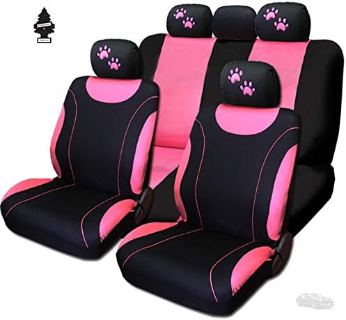 Yupbizauto New 12 Pieces Pink Flat Cloth Front and Rear Car Seat Covers with Embroidery Pink Paws Headrest Covers and Gift for Women