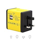 AllEasy Travel Chargers Adapters International Universal Travel Adapter with Dual USB Ports 2.4A Charger AC Socket for Traverler in Asia/UK/USA/Europe/Australia/Ireland Yellow