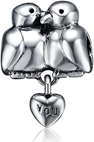 Best Wing Jewelry .925 Sterling Silver "Love Birds /w Hanging Heart" Charm Bead