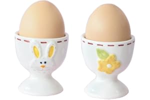 Ceramic Egg Cup for Soft or Hard Boiled Egg Holder - Set of 2 Egg Holders for Breakfast Brunch, Kitchenware, Easter Bunny Rab