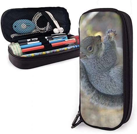 Little Squirrel Grey Students Big Capacity Leather Pencil Case Pen Pouch Stationery Craft Supplies for School Work Office Gift