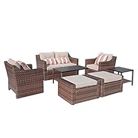 SUNSITT Outdoor Furniture Set 7-Piece Patio Wicker Sofa Loveseat Lounge Chairs & Ottoman with Aluminum Slat Coffee Side Table, Brown Wicker & Beige Olefin Fiber Cushions