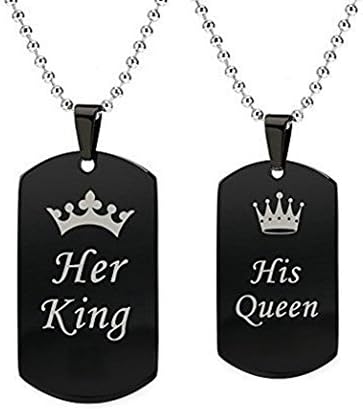 shakeball Lovely King Queen Couple Style Jewelry Crown Dog Tag Pendant Necklace Valentine Lover Gifts size Queen (Black)