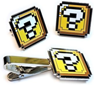 Super Mario World ? QUESTION BLOCK BOX Pixel SNES Suit Wedding TIE BAR CLIP CUFFLINKS SET