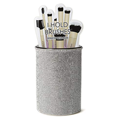 Tri-coastal Design Ceramic Makeup Brush Holder Storage Cosmetic Organizer for Make Up Brushes and Accessories - Round Cosmetics Cup for Bathroom Vanity Countertop with Silver Gem Stone Finish