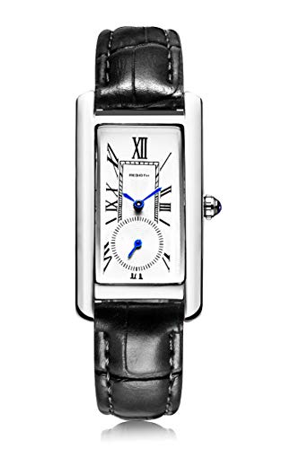 Women Quartz Watch Lady Stylish Rectangle Dress Watch with Leather Strap and Blue Crystal Crown, Silver Black, Fashion, Vintage, Classic