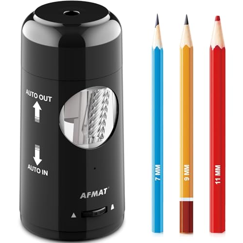 AFMAT Electric Pencil Sharpener, Rechargeable Fully Automatic Pencil Sharpener for Jumbo & Colored Pencils (7-11.5mm), Auto in/Out, Hands-Free, Portable for Home/Classroom/Office PSX6 (Black)