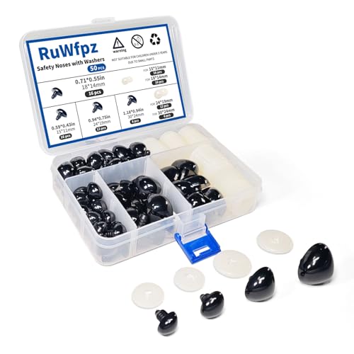 RuWfpz Safety Noses for Crochet Animals Amigurumi 15-30mm - 4 Sizes Stuffed Animal Noses with Washers, 50Pcs Plastic Black Teddy Bear Nose for Crocheting Doll Crafts Plushies