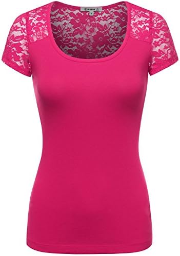 THENEWNEW Womens Short Sleeve Crewneck T-Shirt With Lace Detail ROSE FUCHSIA 1X-LARGE