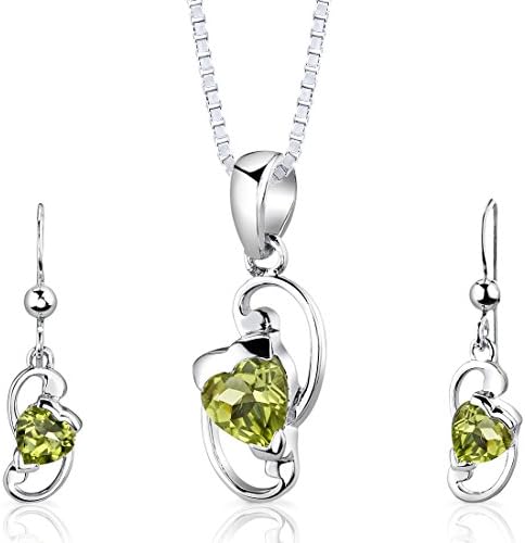 Peridot Pendant Earrings Necklace Set Sterling Silver Heart Shape 1.75 Carats