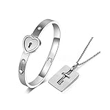 New Silver Stainless Steel Bracelet Love Heart Lock Bangle Key Pendants Necklace